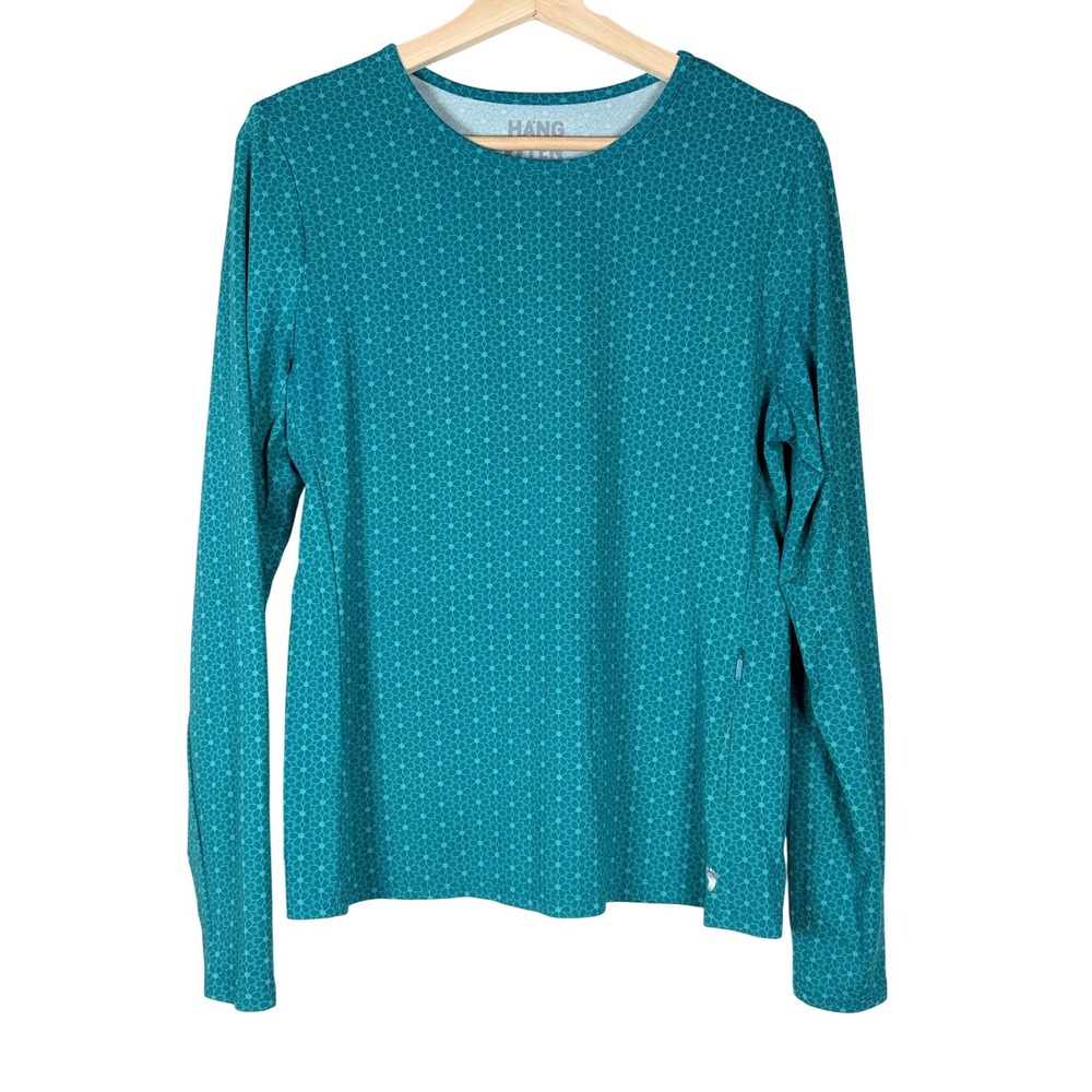 Hang Ten Womens Teal Geometric Floral Long‎ Sleeve Active Performance Top Size M